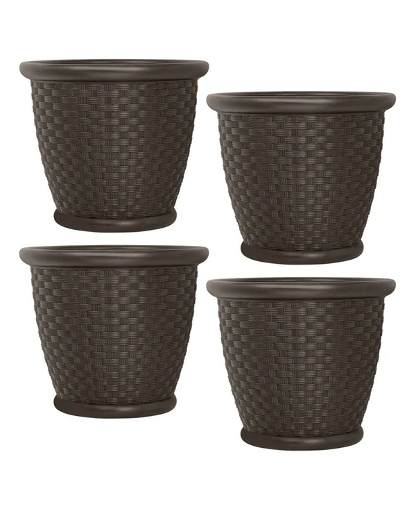 Suncast Sonora 18 inch Resin Wicker Decorative Flower Planter, Brown (4 Pack)