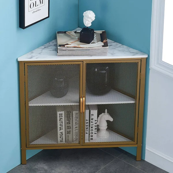 VECELO 3 Tiers Corner Shelf Metal Frame Shelves Storage Organizer with VENTILATION Protection DOOR - Glod, 19.7 x 19.7 x 29.6 inches