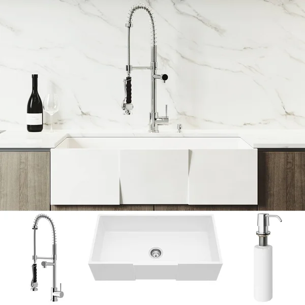 Vigo VG15798 All-in-One 36x22 Square Front Matte Stone Farmhouse Apron Kitchen Sink Set with Zurich Faucet in Chrome STRAINER an
