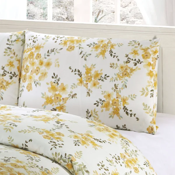 Style Quarters Savanah Floral 3PC Duvet Cover Set-Yellow Watercolor Savannah Floral Pattern-100% Cotton-Machine Washable - Queen