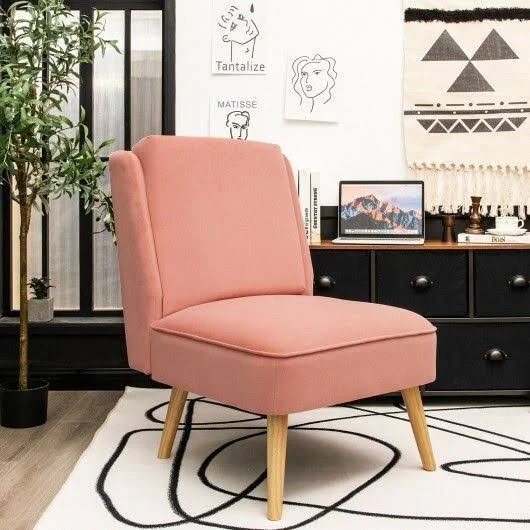 Velvet Accent Chair with Rubber Wood Legs for Living Room-Pink - Costway
