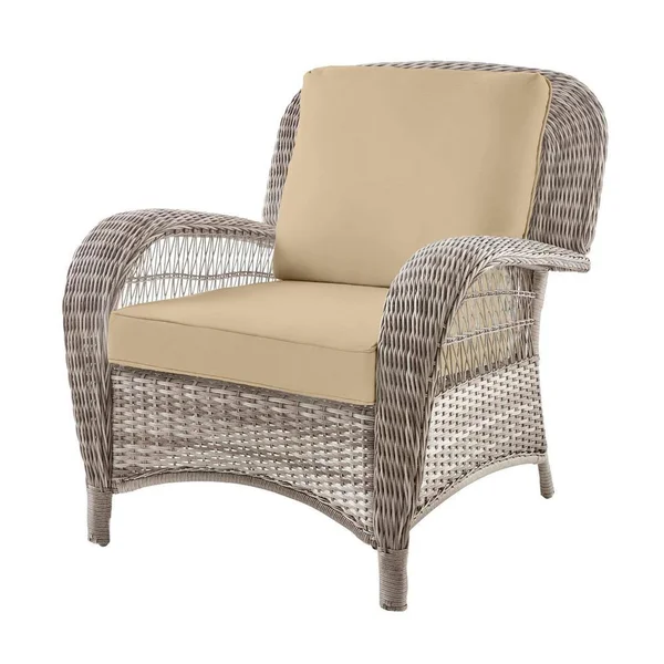 Hampton Bay Beacon Park Gray Wicker Outdoor Patio Stationary Lounge Chair with Sunbrella Beige Tan Cushions