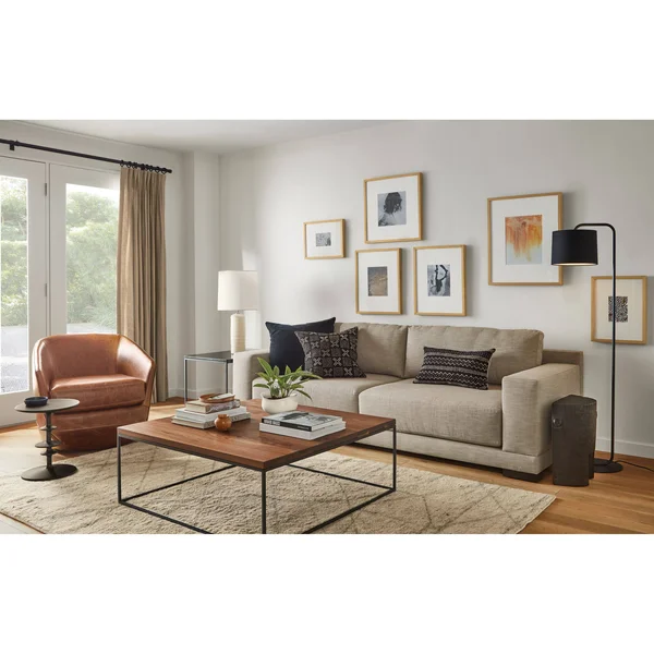 Room & Board, Modern Tyne 40W 40D 15H Square Coffee Table, Smoke Tempered Glass Top w/ Stainless Steel Frame Base
