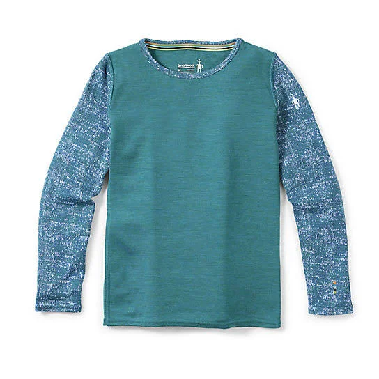 Smartwool Kids& Merino 250 Base Layer Pattern Crew Top in Peacock Heather/Bright Cobalt Confetti Size X-Large