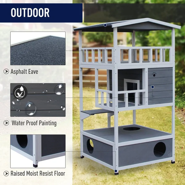 Pawhut Solid Wood 4-Floor Cat Condo Villa with Litter Box