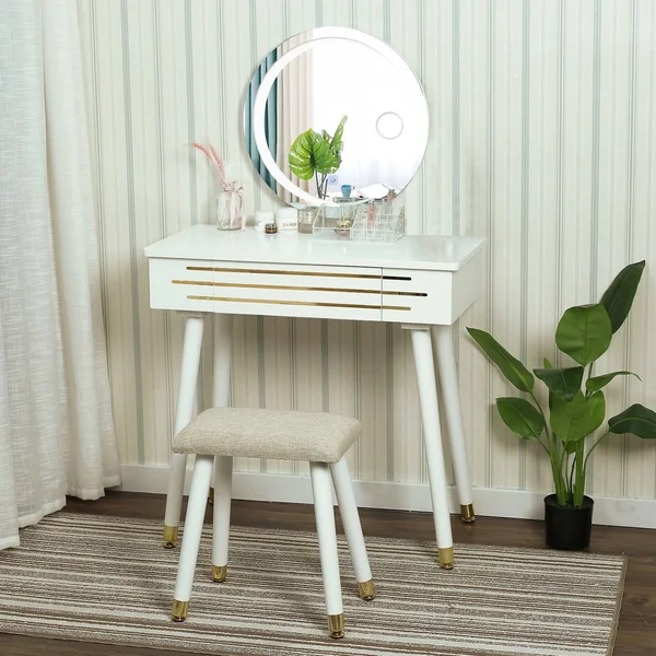 ARTETHYS Vanity Makeup Table Set with 3 Modes Touch Screen Adjustable Lighted Mirror, Cushioned Stool, Big Sliding Drawers Free