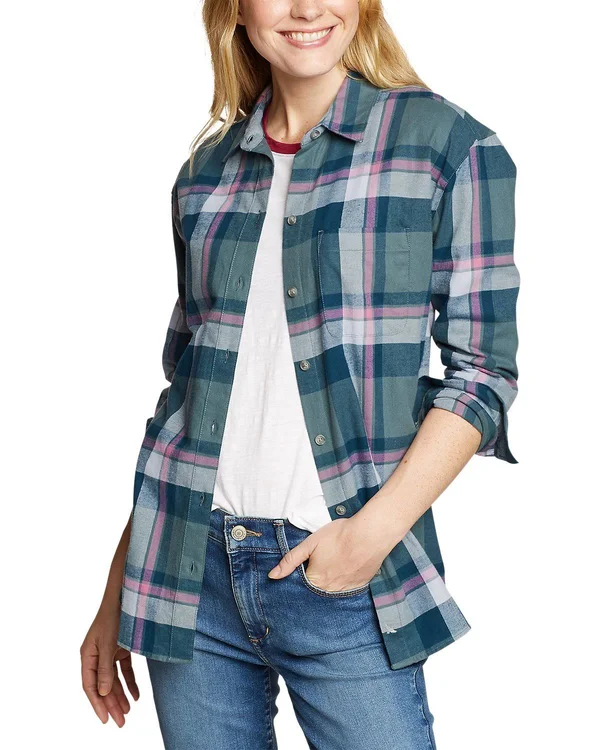 Eddie Bauer Women's Stine&s Favorite Flannel Boyfriend Shirt - Pattern - Green - L