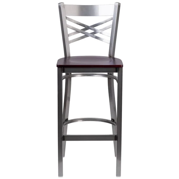 Flash Furniture X-Back Metal Restaurant Barstool - Clear Coated Mahogany Wood Seat - Hercules Series