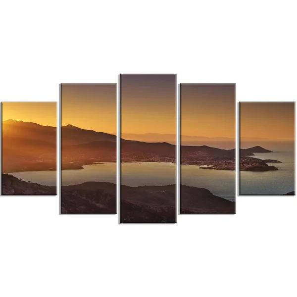 Design Art Portoferraio Bay Beach Aerial View - Extra Large Seashore Canvas Art, 60 in. Wide x 28 in. High - 5 Equal Panels