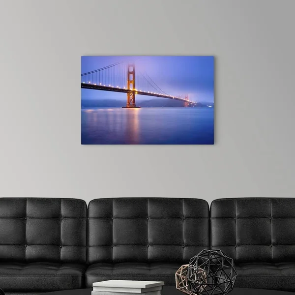Golden Gate Bridge in San Francisco at Dusk - Bridge Lights Light Up Low Fog., Canvas Wall Art, 30x20, Great Big Canvas