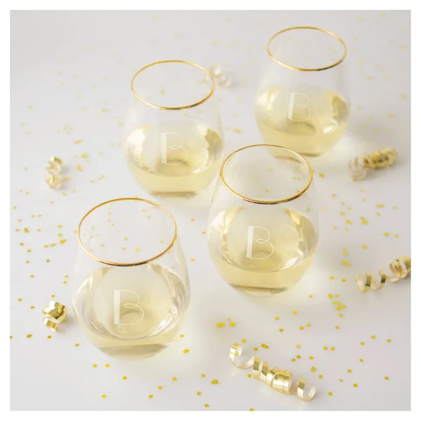 Cathy&s Concepts 19.25oz Monogram Gold Rim Stemless Wine Glasses R - Set of 4