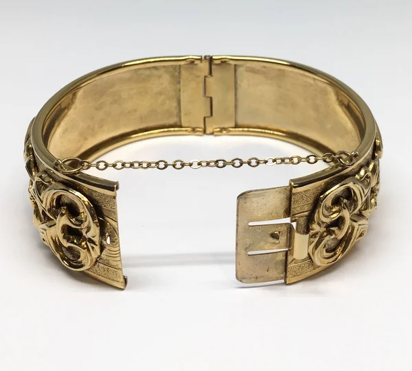 Estate Gold Tone Wide Scroll Heart Oval Bangle Bracelet with Safety Chain