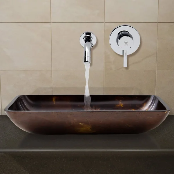 Vigo VGT278 Rectangular Brown and Gold Fusion Glass Vessel Sink and Wall Mount Faucet Set - Chrome