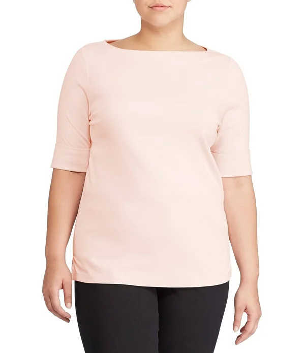 Lauren Ralph Lauren Plus Size Cotton-Blend Boatneck Top - Pale Rose