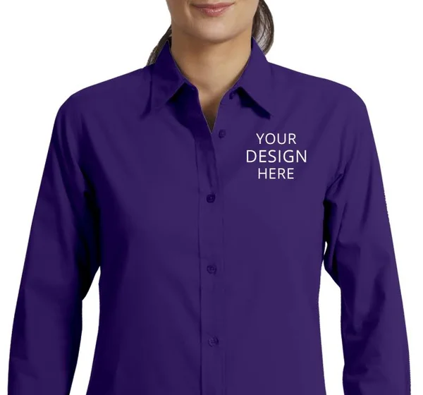 Custom Embroidered Port Authority Women's Dress Shirts - Ladies Long Sleeve Easy Care Shirt (S - 6XL) - Size: L, Purple/Light S
