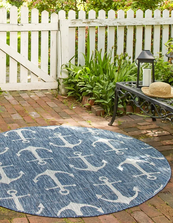 Outdoor Coastal 8 ft Round Blue Abstract Area Rug Indoor Outdoor Rug