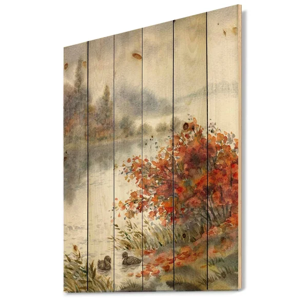 Designart 'View of The Lake in Autumn' Traditional Print on Natural Pine Wood - 25 in. Wide x 35 in. High