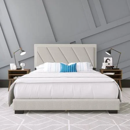 Premier Dason Upholstered Linen Platform Bed Frame, Queen, Beige