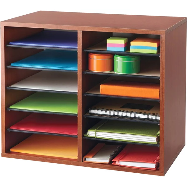 Safco Wood Adjustable Literature Organizer - 12 Compartment - Cherry