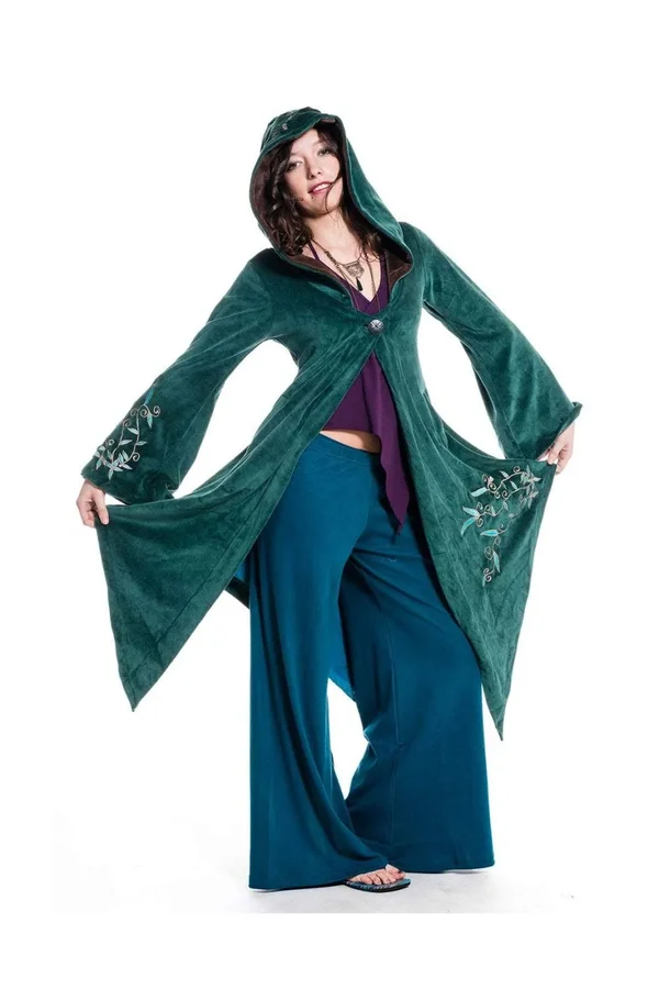 Faery Goddess Coat, Long Velvet Boho Jacket, Hippie Pixie Goa Psy Trance Fairy Cosplay Festival Clothing, Plus Size Faerie