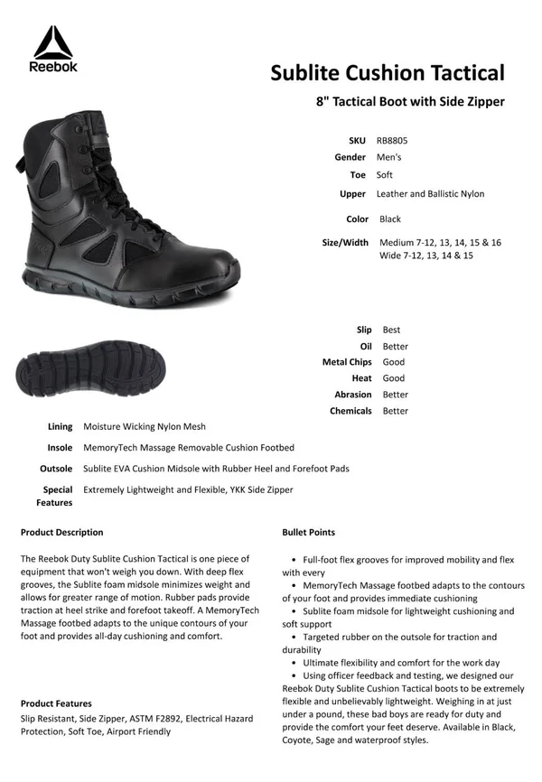 Reebok Sublite Cushion 8 inch Side Zip Tactical Boot RB8805