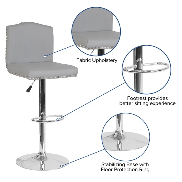 Bellagio Contemporary Adjustable Height Barstool with Accent Nail TRIM - Light Gray Fabric