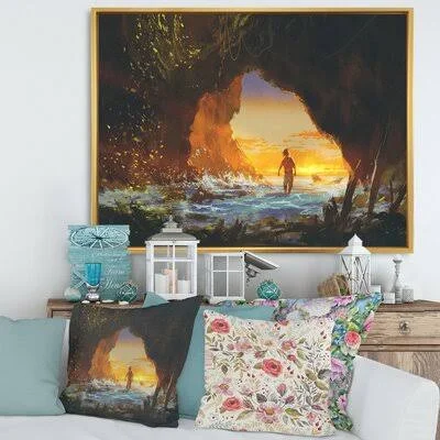 The Man Walking in The Sea Cave at Sunset - Painting on Canvas East Urban Home Format: Gold Floater Frame - Size: 16x22 H x 32x22