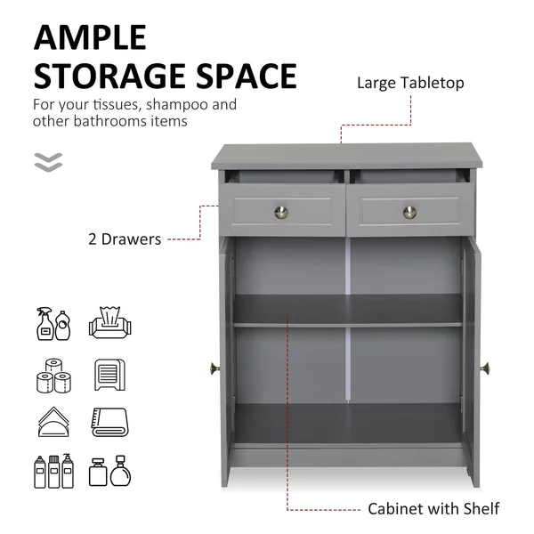 Kleankin Freestanding Bathroom Storage Cabinet Organizer Floor Tower with 2 DOOR - 2 Drawers, Adjustable Shelf, Grey