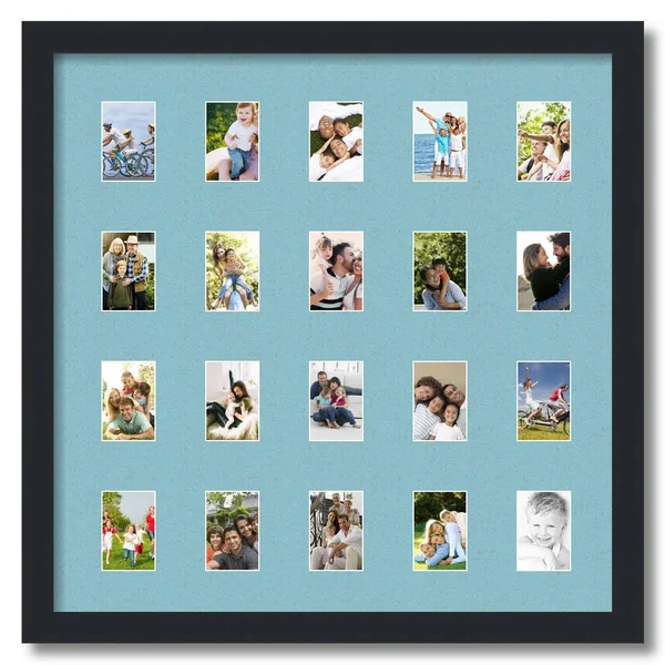 Collage Picture Frame, Satin Black Frame with 20 openings for 2x3 Photos with French Blue Mat. D3926FB398, ArtToFrames