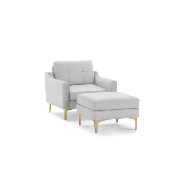 Burrow Modular Armchair with Ottoman - Light Gray, Slope Arms, 1 Seater, Brass Metal Legs, Nomad Fabric Collection