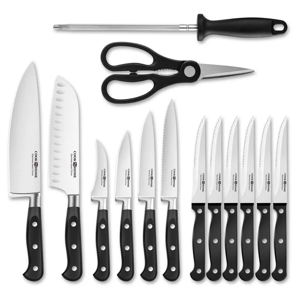 Cook N Home 02630 15-Piece Knife Set with Bamboo Storage Block, Stainless STEE Silver