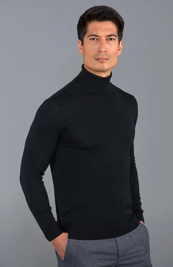 Mens Extra Fine Merino Wool Roll Neck Jumper - Black, XXL