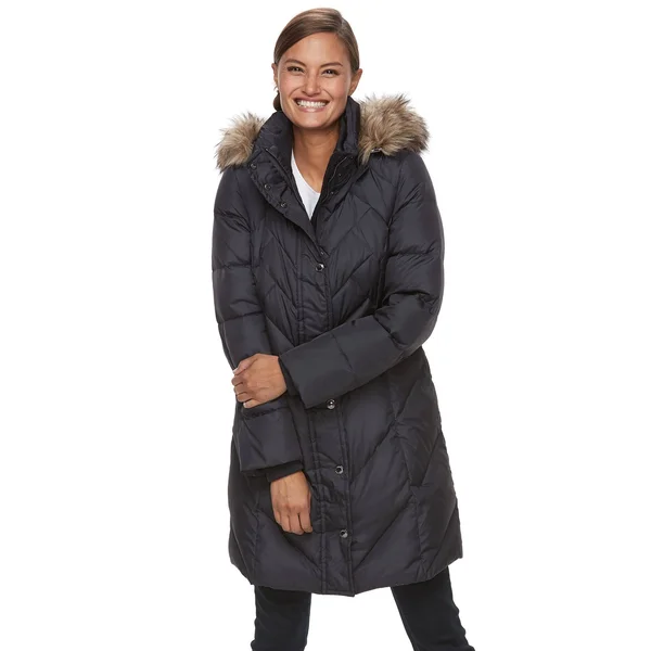 Women's Tower by London Fog Faux-Fur Hood Down-Fill Coat - Size: Medium, Blue