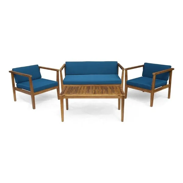 Newbury Outdoor 4 Piece Acacia Wood Chat Set with Cushions - Teak, Dark Teal