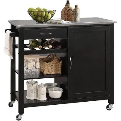Kenyin Stainless Steel & Black Ottawa Bar Cart Latitude Run Frame Color: Black, Top Color: Black