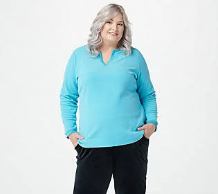Denim & Co. Essentials Split V-Neck ChenilleFleece Top, Size 2X, Ocean Blue