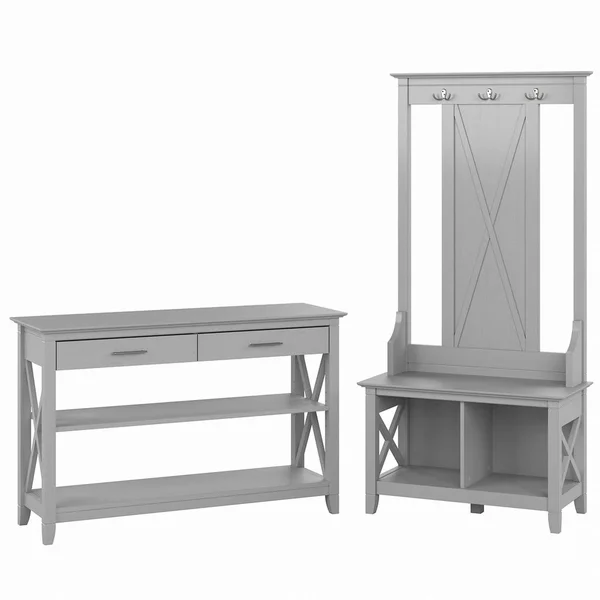 Bush Furniture - Key West Entryway Storage Set with Hall Tree, Shoe Bench and Console Table in Cape Cod Gray - KWS056CG