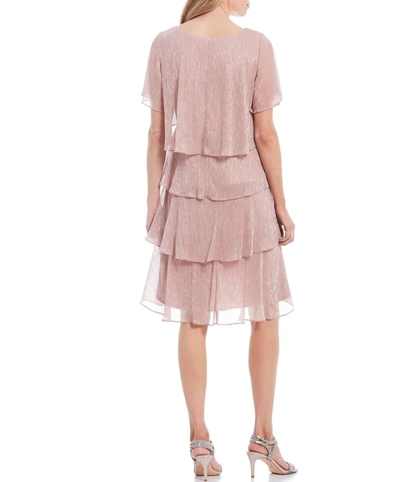 Ignite Evenings Shimmer Tiered Ruffle Scoop Neck Short Flutter Sleeve Dress - 6