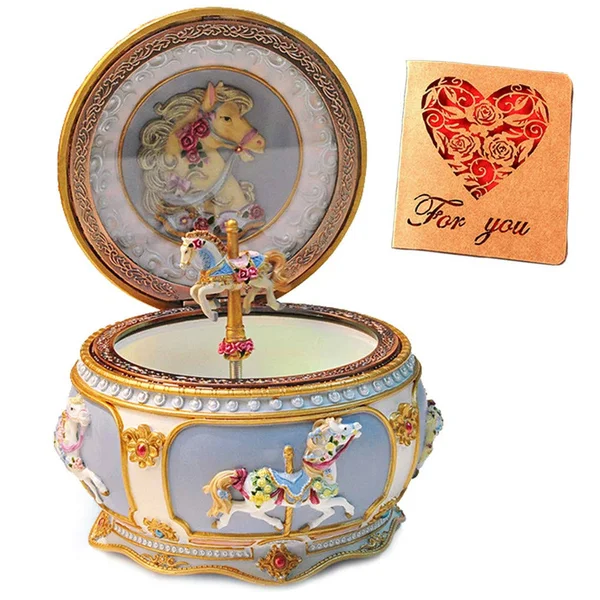 Amperer Classical Carousel Horse Music Box LED Lights Twinkling Resin Carved Collectible Mechanical Musical Box with Sankyo 18-N