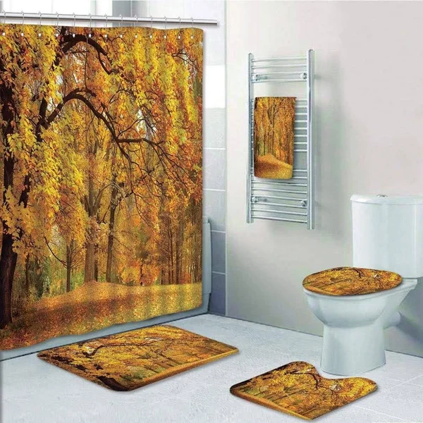 PRTAU Gold Fall Scenery with Pale Maple Leaves in The Forest November Season Woodlands 5 Pcs Bath Curtain Towel Rug Contour Mat