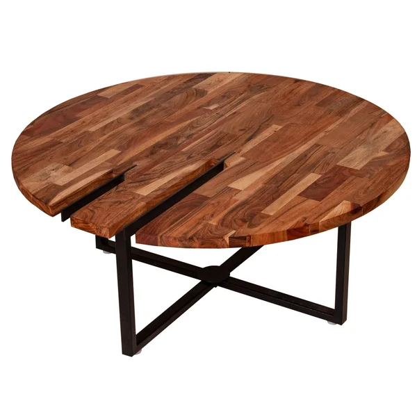 36 Inches Round Wooden Top Coffee Table with Metal Base, Brown and Black, Saltoro Sherpi