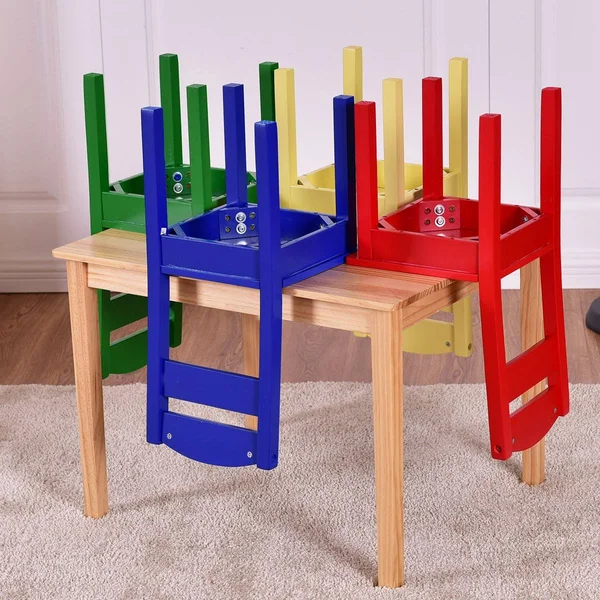 5 Pcs Kids Pine Wood Multicolor Table Chair Set