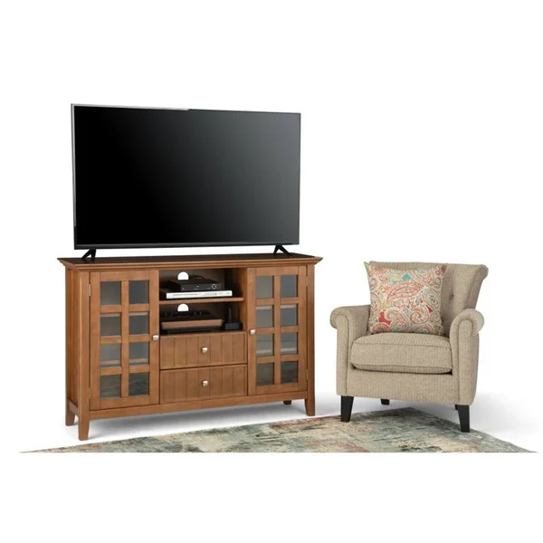 Simpli Home Acadian Solid Wood Tall TV Media Stand in Light Golden Brown