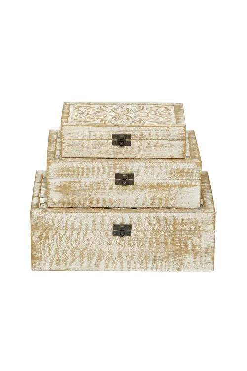 Zimlay Natural Carved Wooden Set of 3 Filigree Boxes 96093