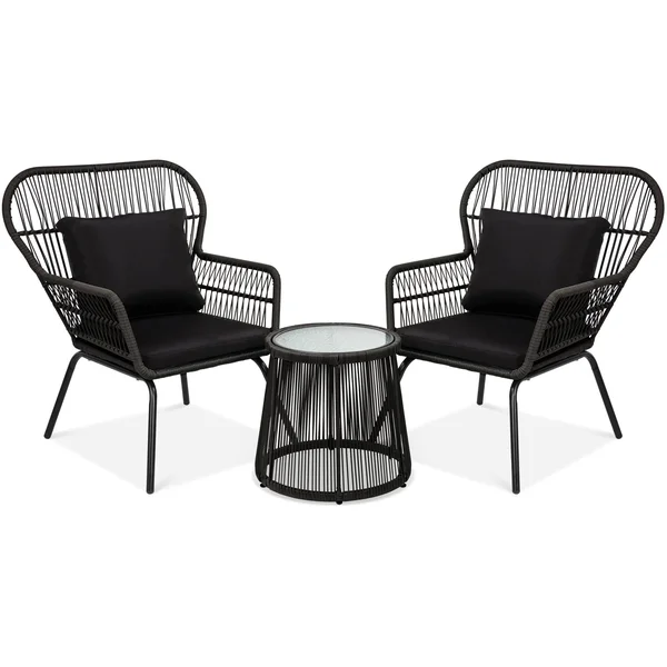 Best Choice Products 3-Piece Patio Conversation Bistro Set, Outdoor Wicker w/ 2 Chairs, Cushions, Side Table - Black