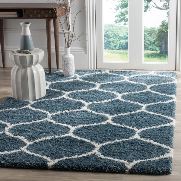 Safavieh Hudson Shag Antigoni Moroccan Ogee Trellis 2-Inch Thick Rug - 9& x 9& Round - Ivory/Slate Blue