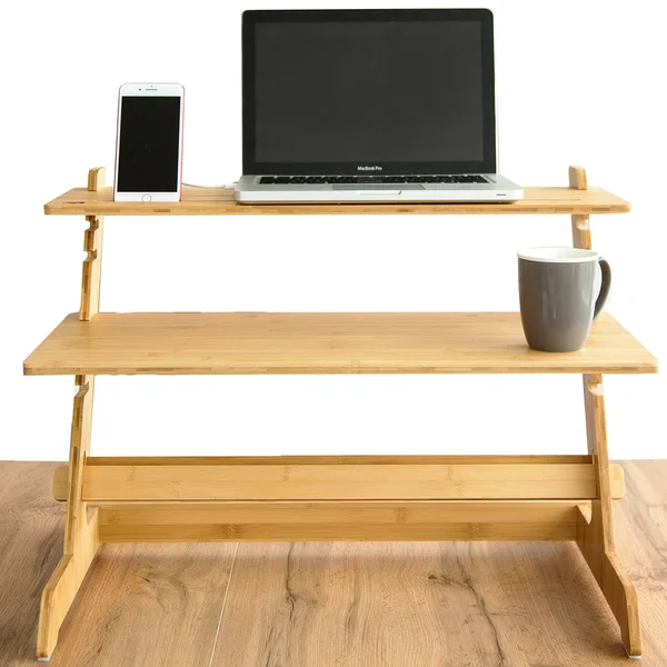 Crew & Axel Standing Desk Converter 100% Natural Bamboo Adjustable Sit Stand Riser Workstation for Desktop or Laptop - Dual M