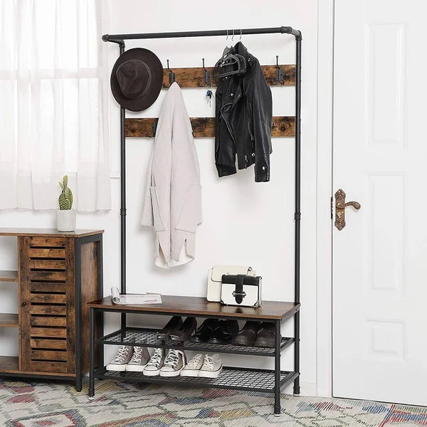 Benjara Metal Coat Rack with Wooden Bench and Two Wire Meshed Shelves - Brown and Black