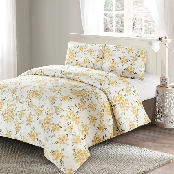 Style Quarters Savanah Floral 3PC Duvet Cover Set-Yellow Watercolor Savannah Floral Pattern-100% Cotton-Machine Washable - Queen