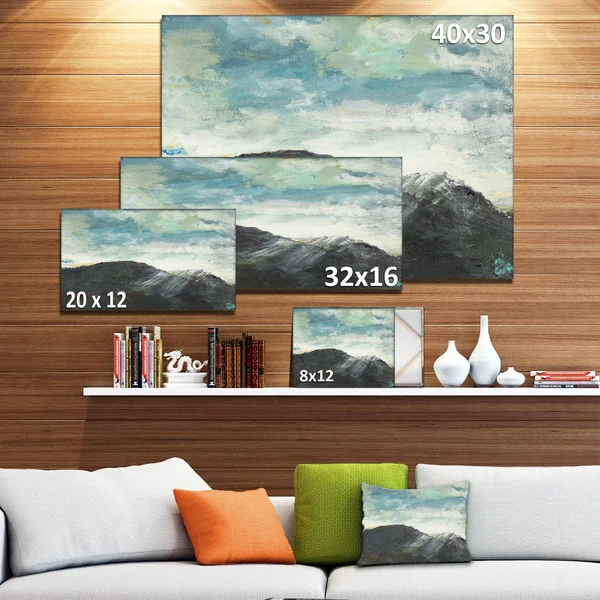 Design Art PT9562-40-20 Mountain Peak Under Cloudy Sky Landscape Painting Canvas Print - Blue, 40x20x22